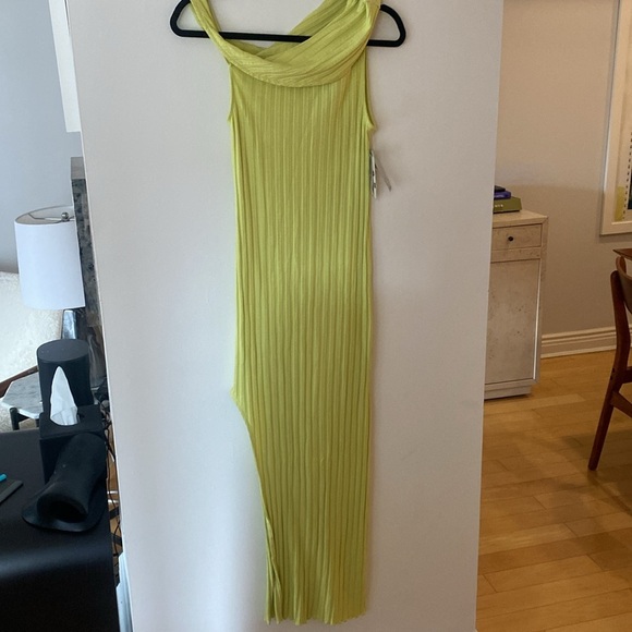 Simon Miller Boge Ribbed One-Shoulder Slit Body-Con Dress Yellow Green NWT S - Picture 2 of 8